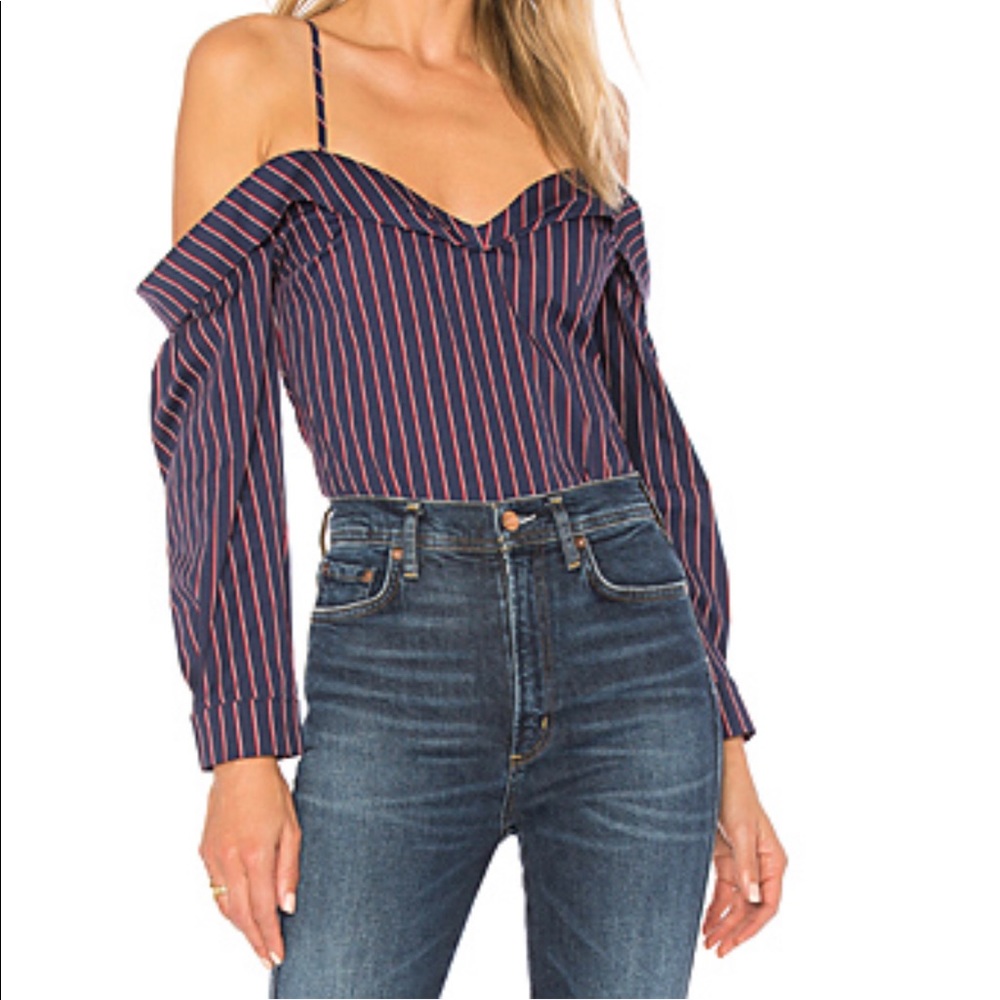 Navy red white stripped off the shoulder shirt